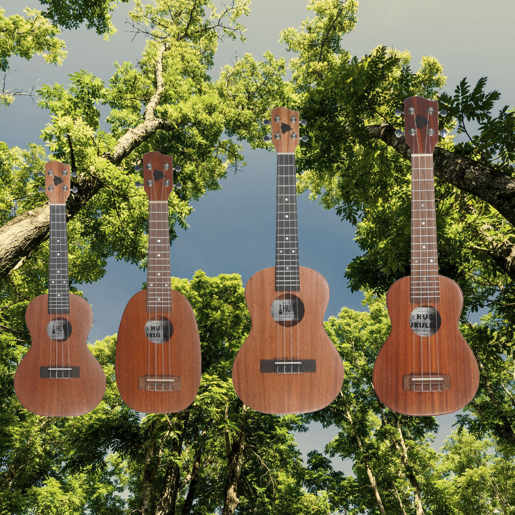 HUG Ukulele All Solid Mahogany Ukulele Collection Featuring Soprano Pineapple, Super Soprano, Concert, Concert Electric, Tenor and Tenor Electric